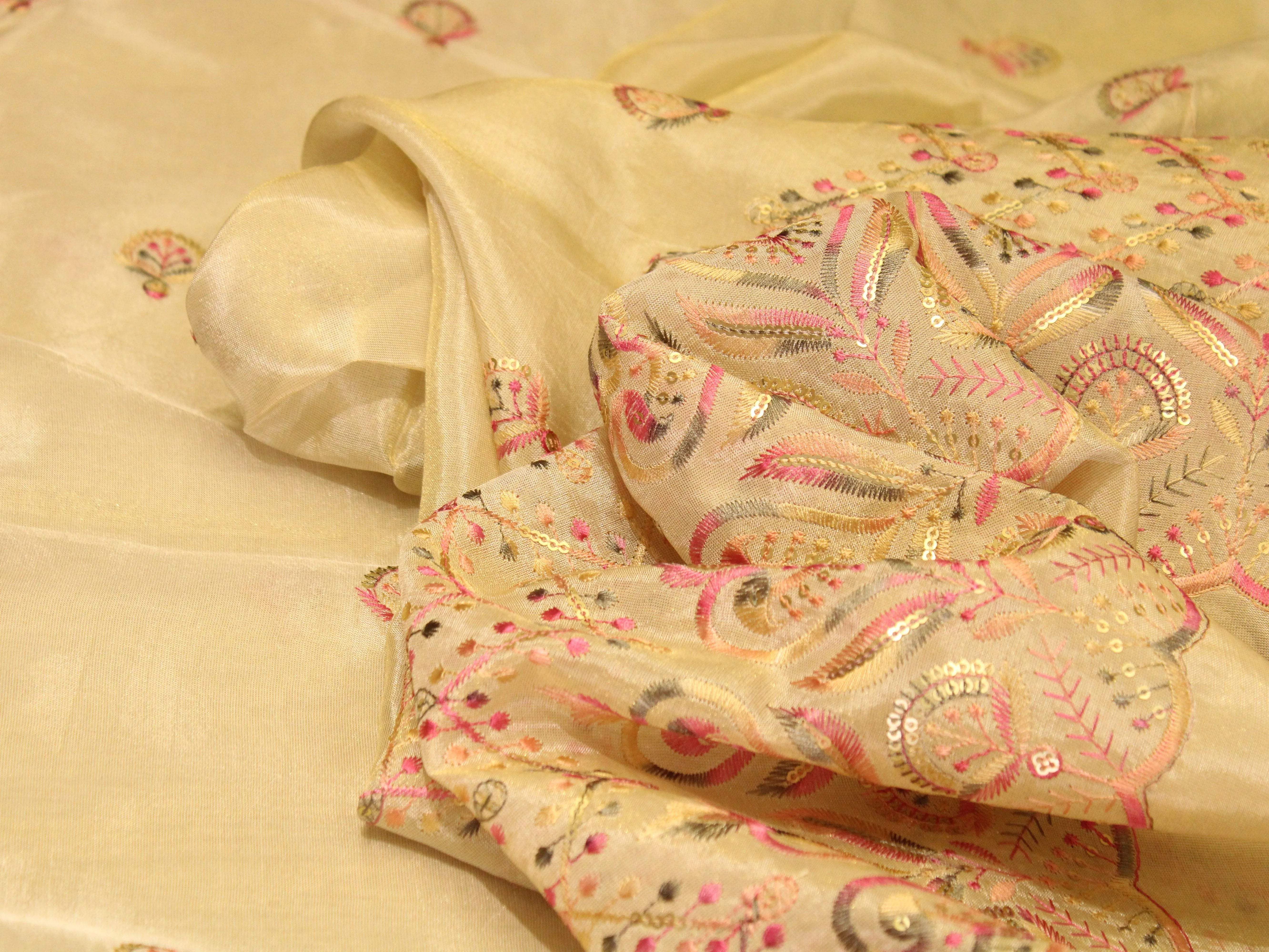 Ivory Elegance: Premium panel work Tissue Fabric - M'Foks