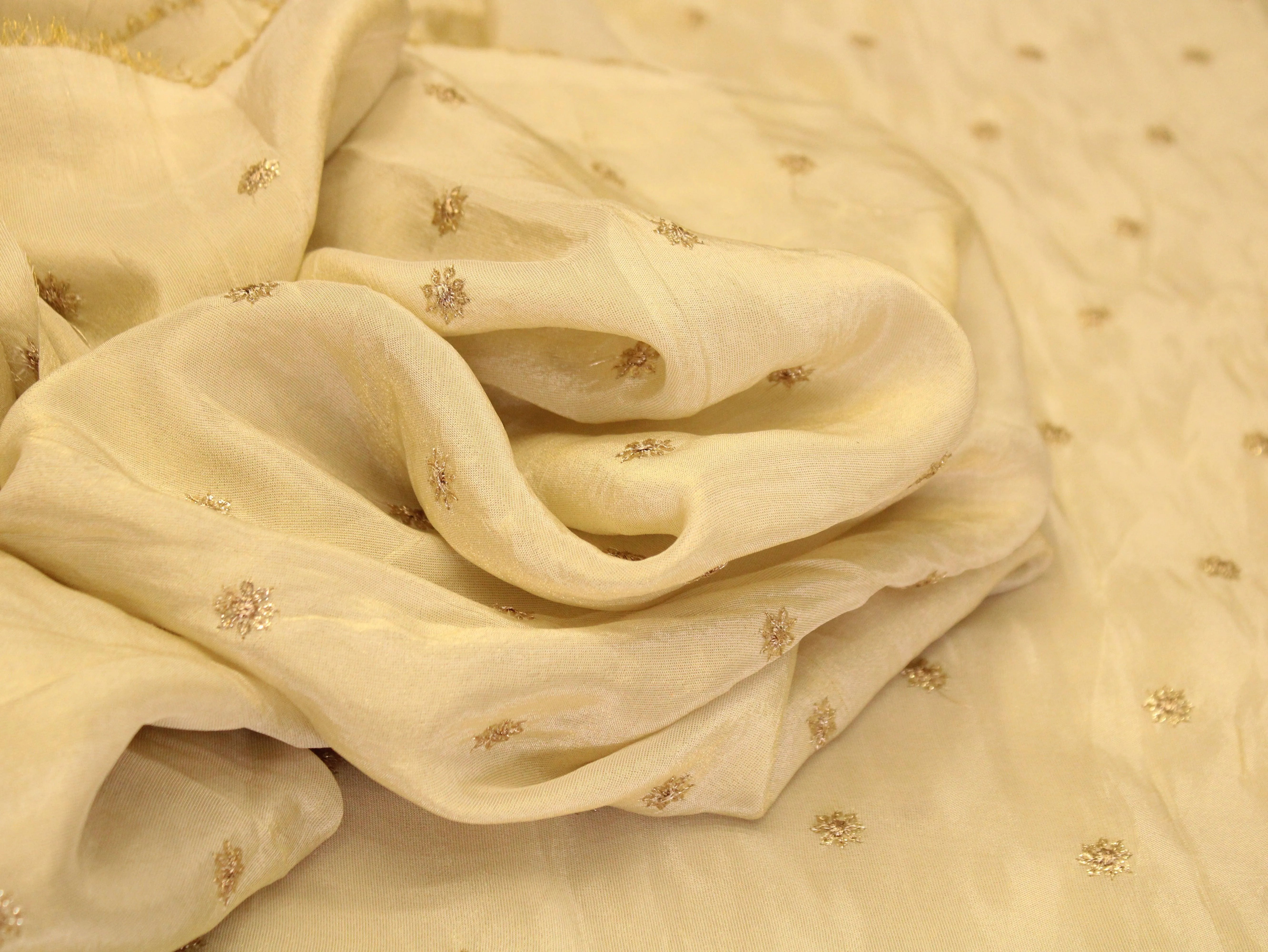 Ivory Elegance: Premium Sequin Buti Tissue Fabric - Dyeable - M'Foks