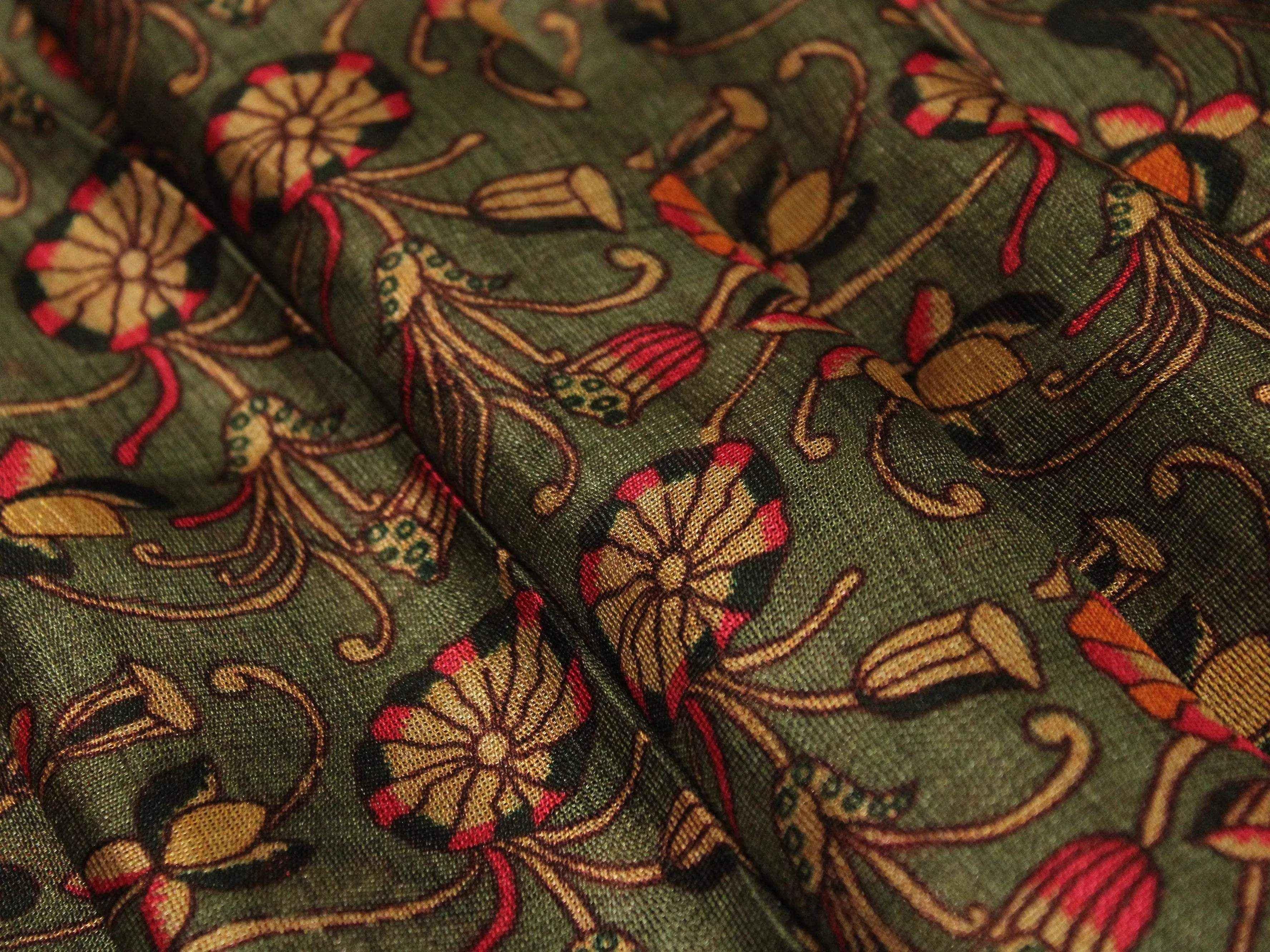 Micro Mesh Jute-Texture Digital Kalamkari Printed Fabric