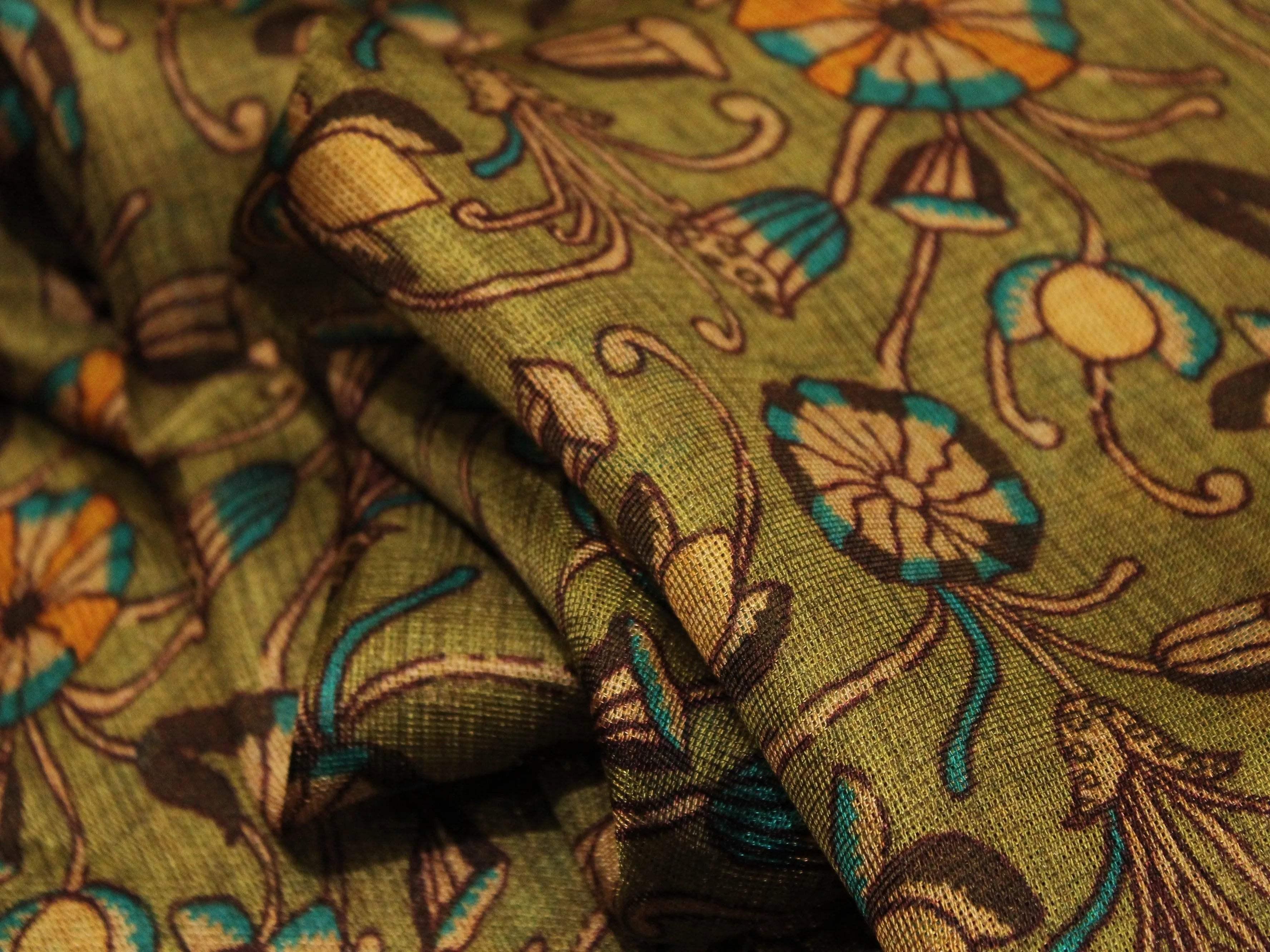 Micro Mesh Jute-Texture Digital Kalamkari Printed Fabric