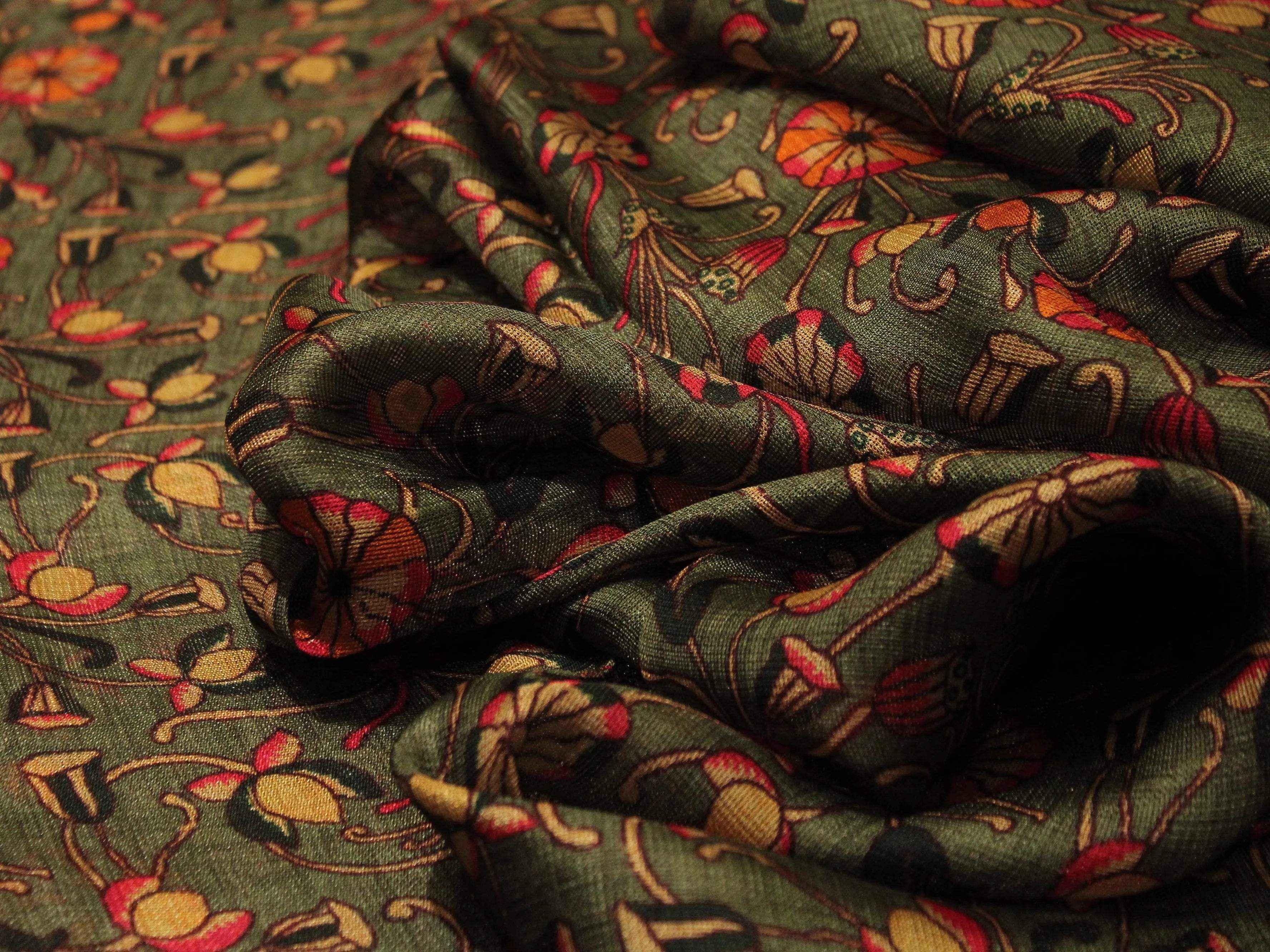 Micro Mesh Jute-Texture Digital Kalamkari Printed Fabric