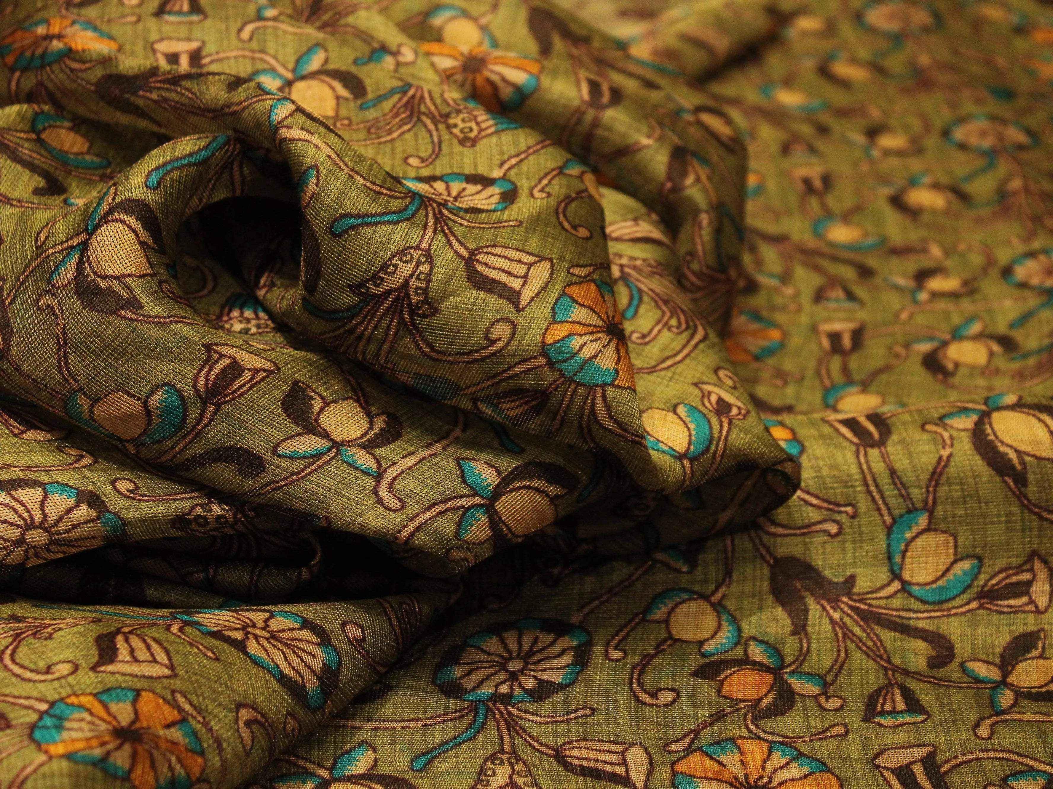 Micro Mesh Jute-Texture Digital Kalamkari Printed Fabric