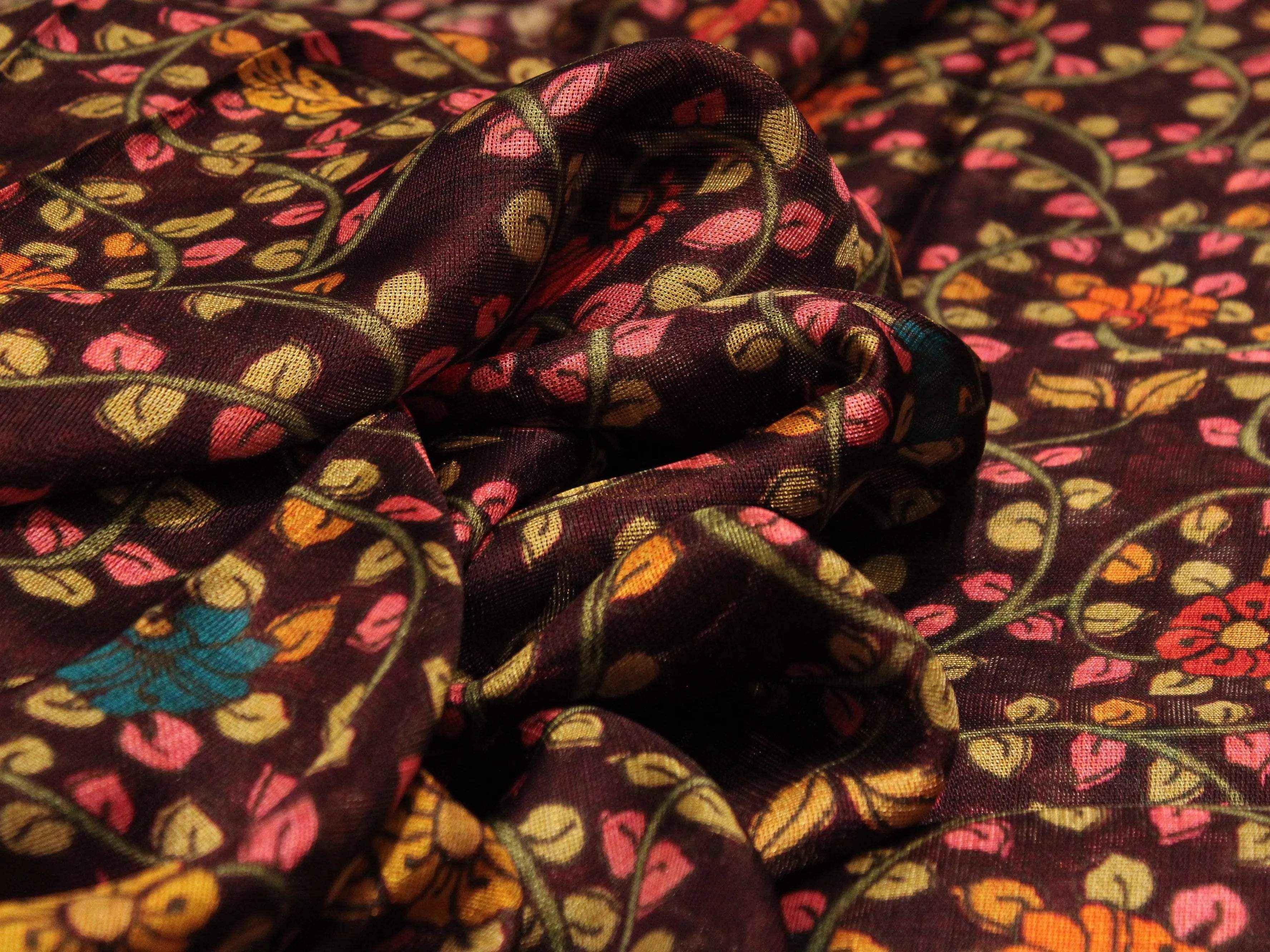 Micro Mesh Jute-Texture Digital Kalamkari Printed Fabric