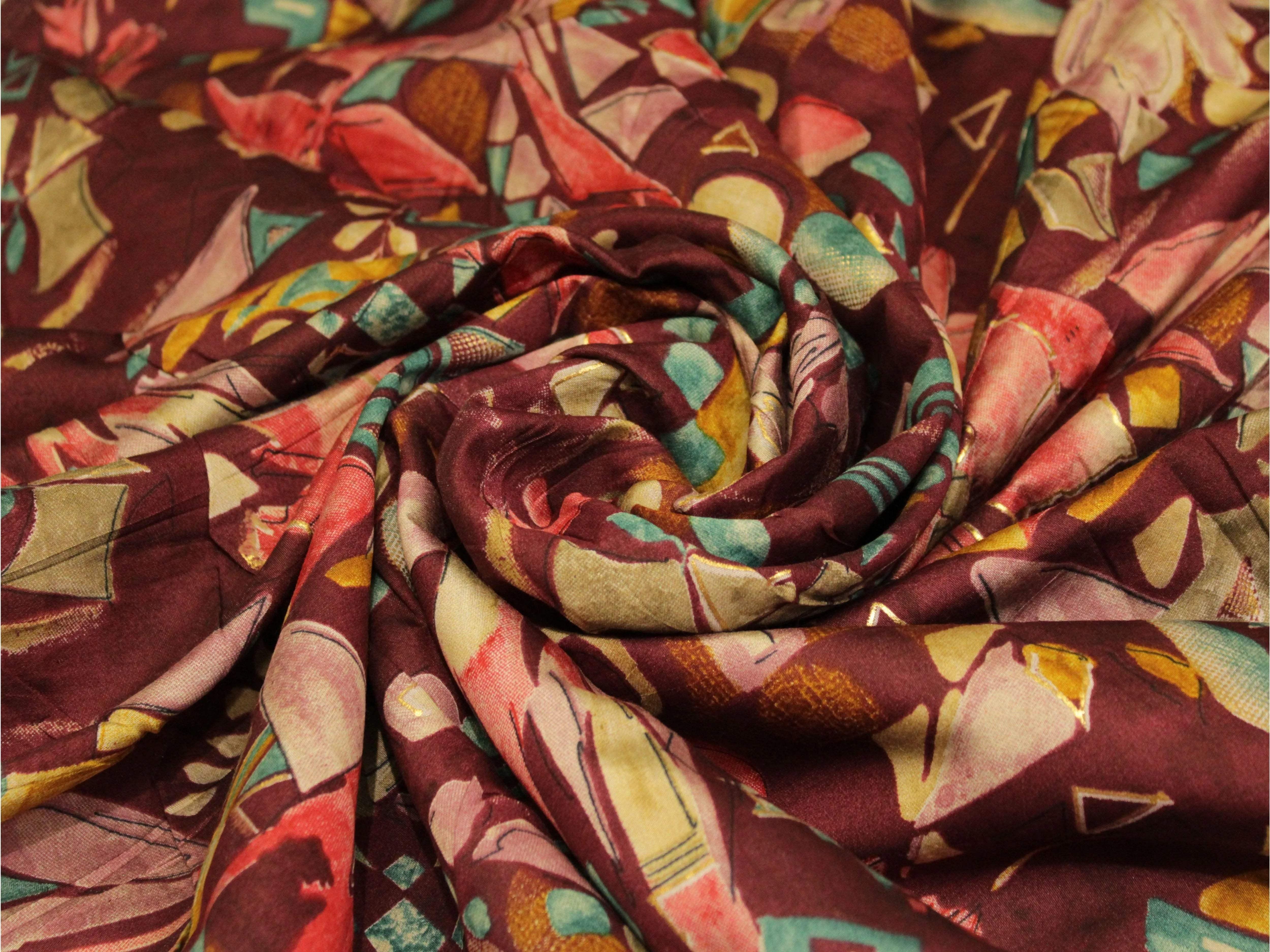 Digital print muslin silk fabric with abstract multicolor geometric pattern