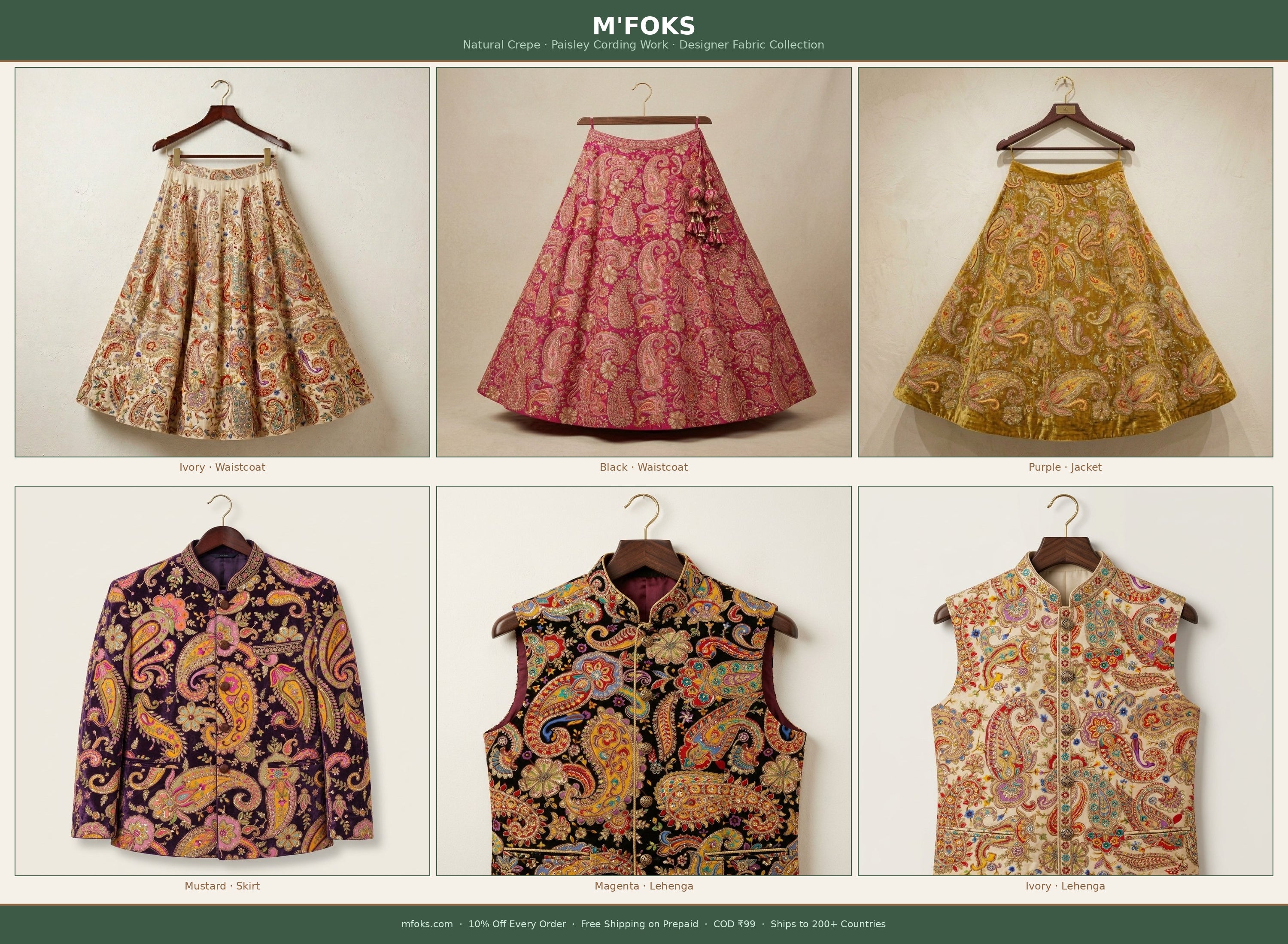 Natural Crepe Fabric — Position & Cording Work | Large Paisley Design | Multicolour | 44 Inch