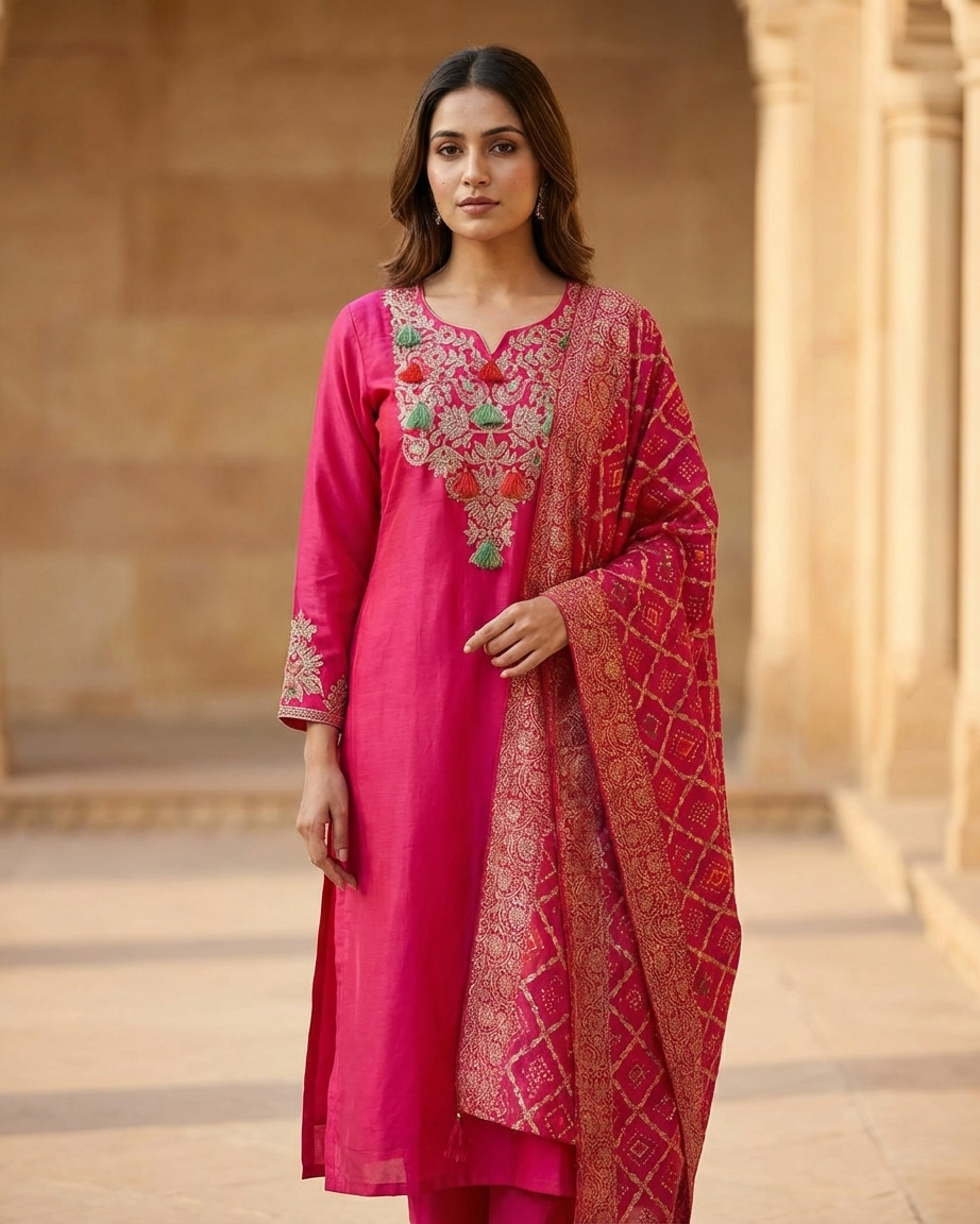 Rani Pink Chanderi Muslin Silk Embroidered Suit Set | Bandhani Dupatta | M'Foks