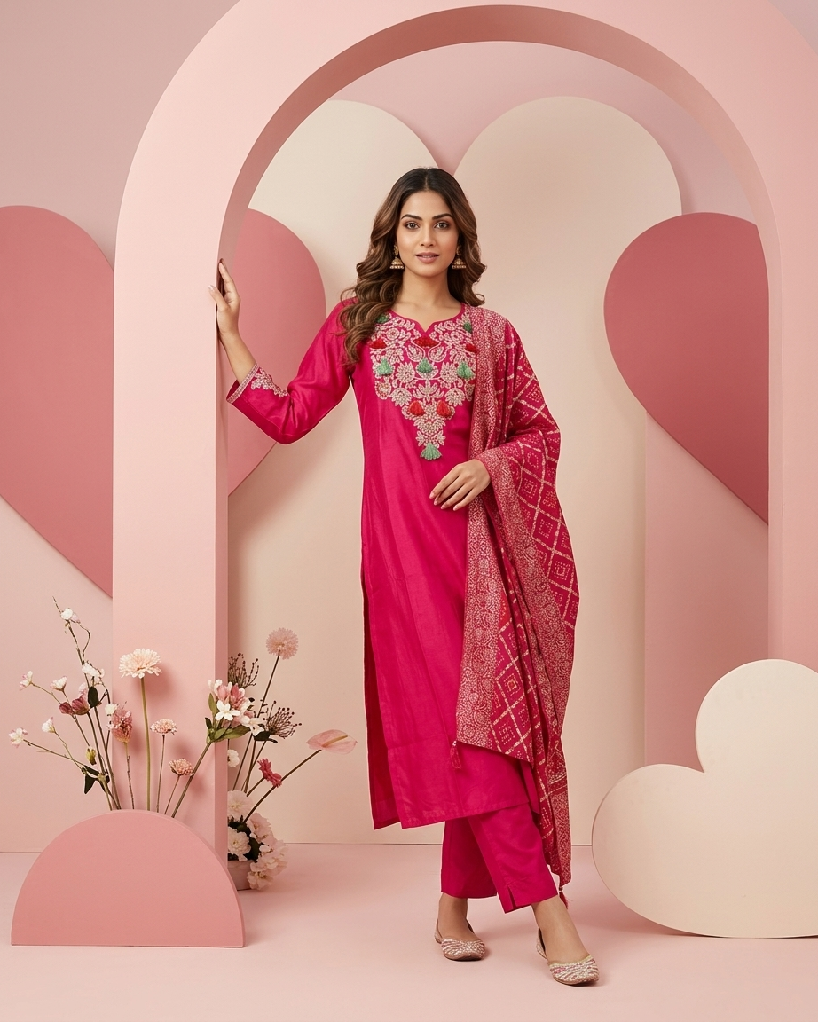 Rani Pink Chanderi Muslin Silk Embroidered Suit Set | Bandhani Dupatta | M'Foks
