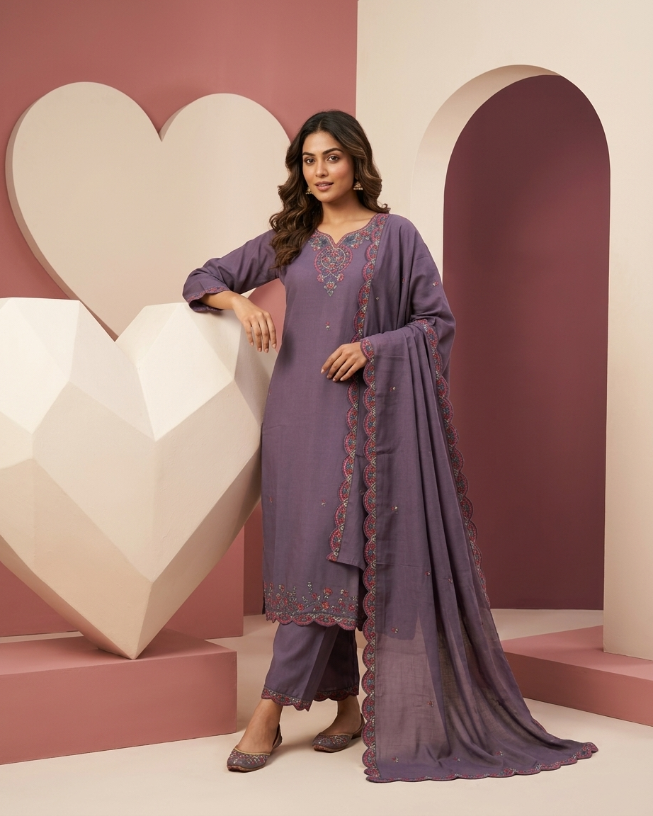 Lavender Chanderi Silk Embroidered Suit Set