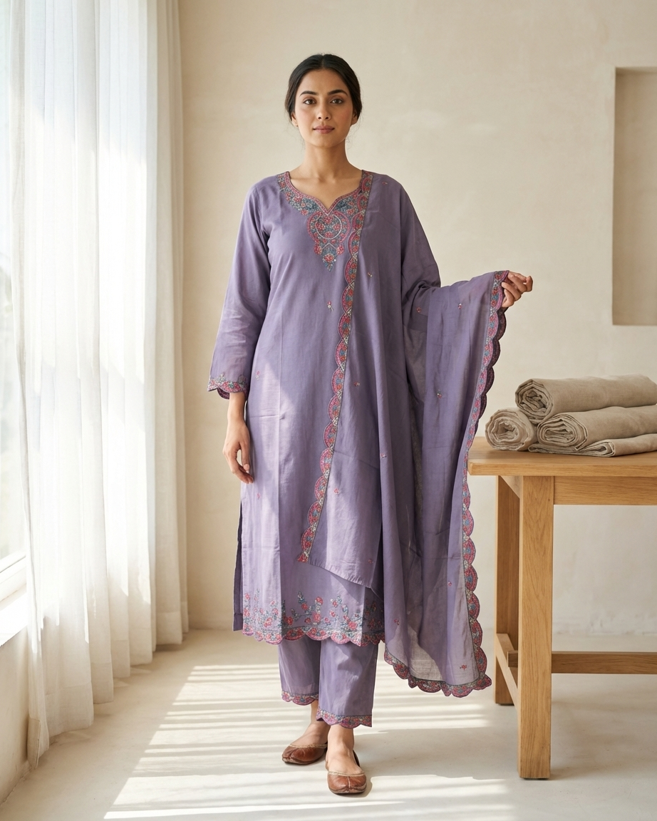 Lavender Chanderi Silk Embroidered Suit Set