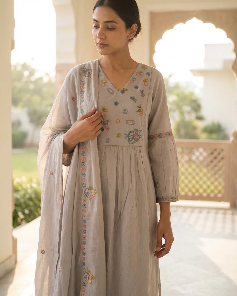 Dove Grey Mal Cotton A-Line Suit Set | Pastel Floral Embroidery | M'Foks