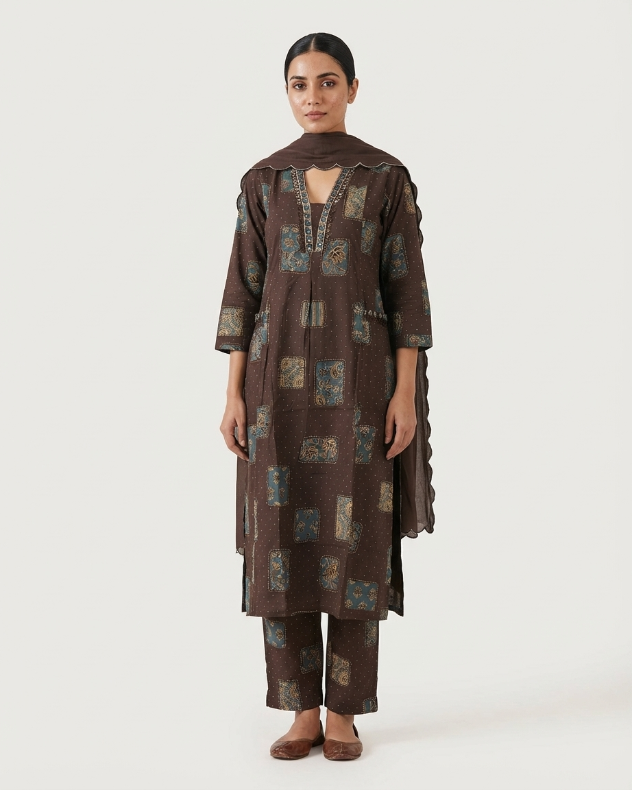 Dark Brown Cotton A-Line Suit Set | Ajrakh Patch Print | Side Pocket | M'Foks
