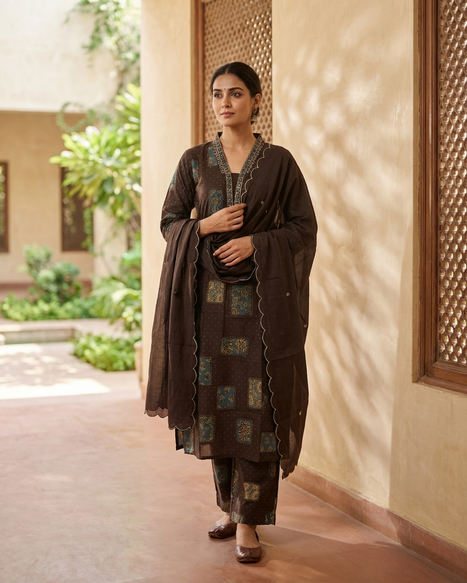 Dark Brown Cotton A-Line Suit Set | Ajrakh Patch Print | Side Pocket | M'Foks