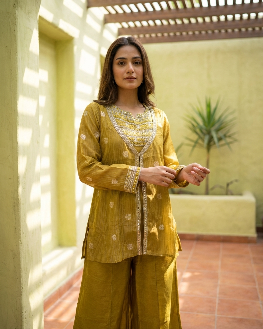 Olive Tissue Fabric Co-ord Set | Diagonal Embroidery | 2-Piece | M'Foks