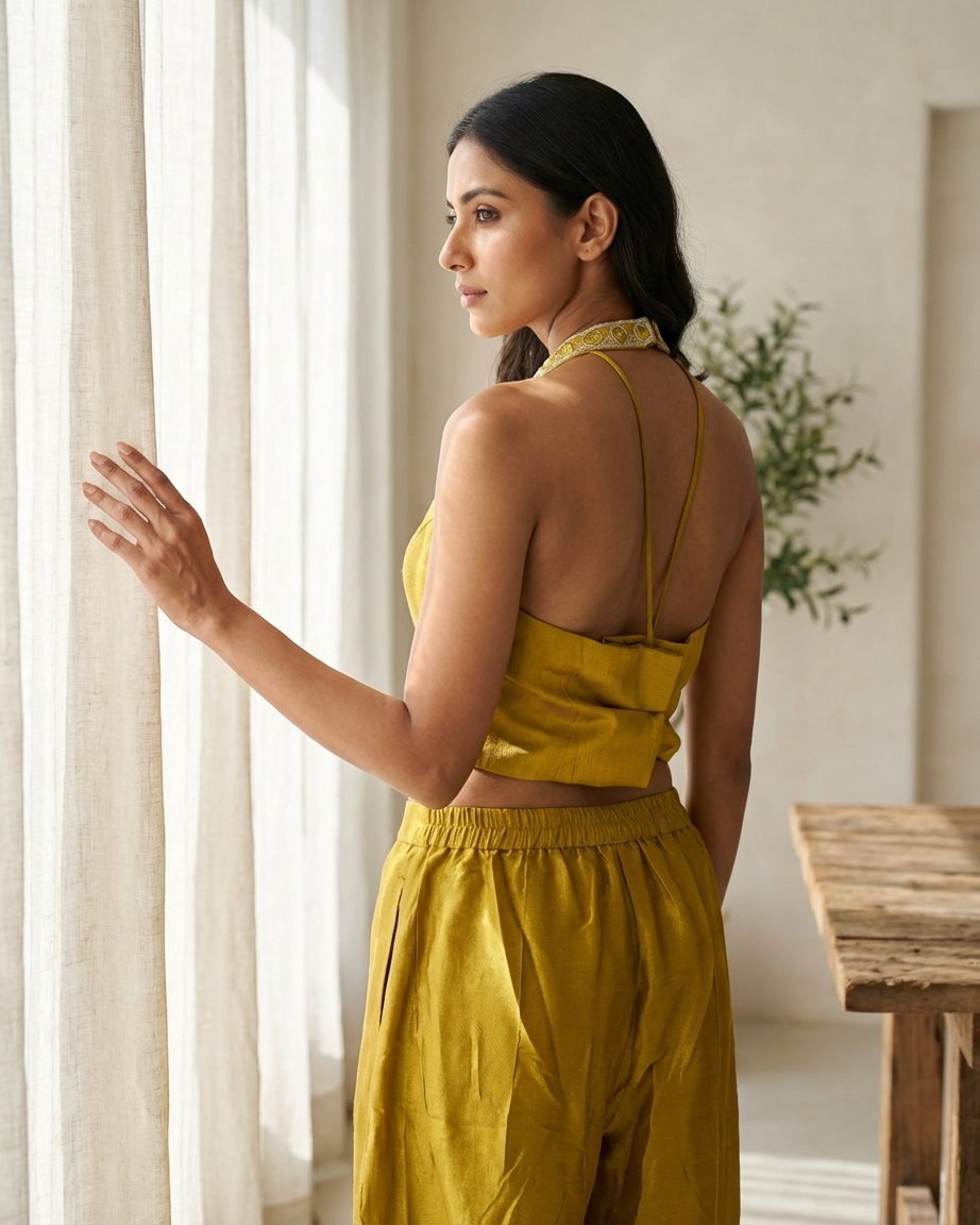 Olive Tissue Fabric Co-ord Set | Diagonal Embroidery | 2-Piece | M'Foks