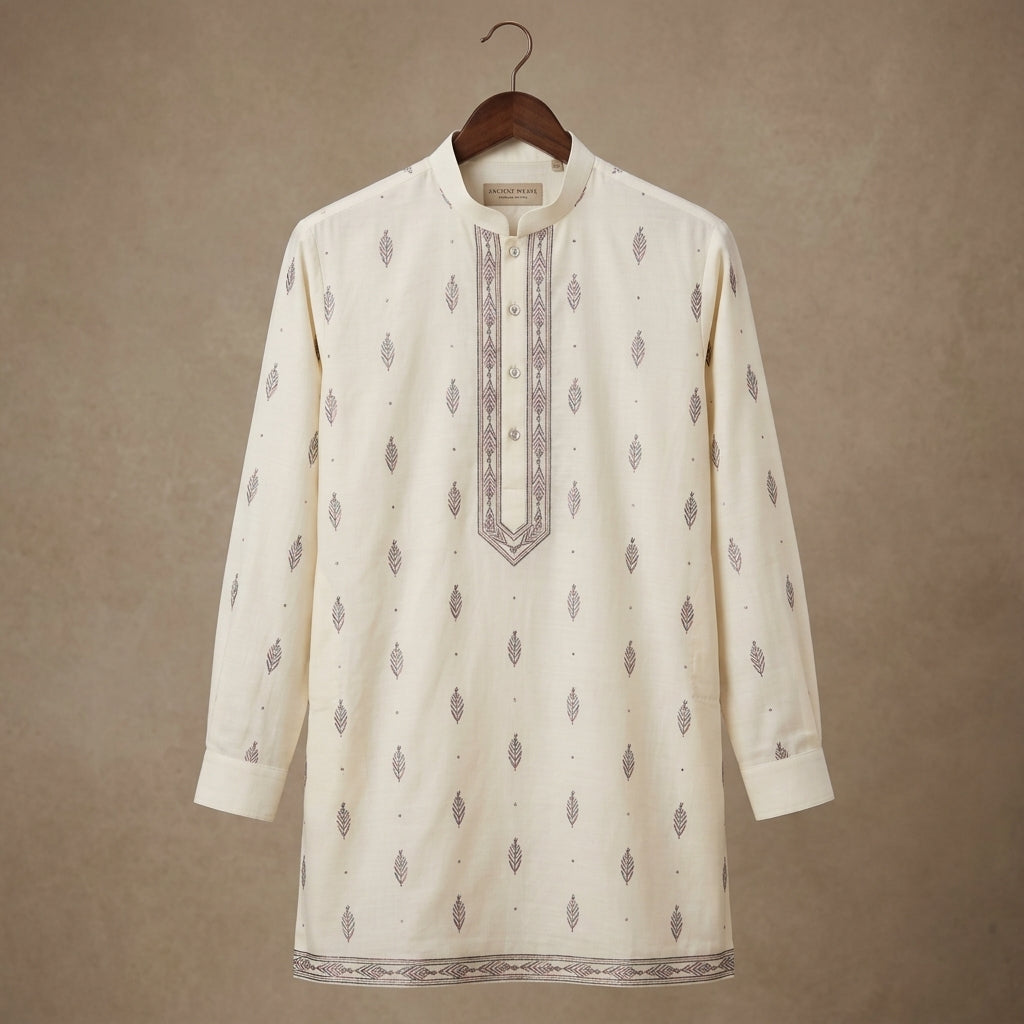Pure Chanderi Silk Fabric for Kurta — Wine Embroidery