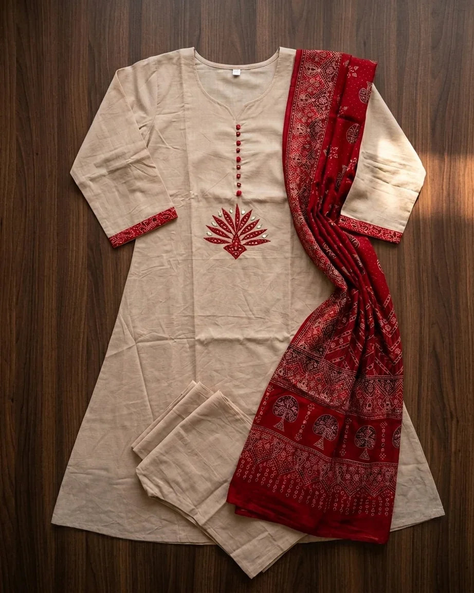 Pure Cotton A-Line Suit Set — Natural Beige | Lotus Yoke Embroidery | Red Ajrakh Block Print Dupatta