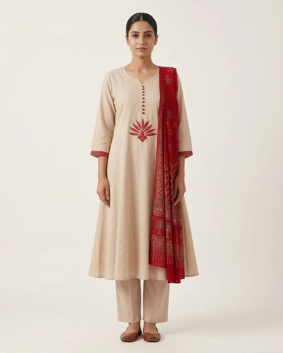 Pure Cotton A-Line Suit Set — Natural Beige | Lotus Yoke Embroidery | Red Ajrakh Block Print Dupatta