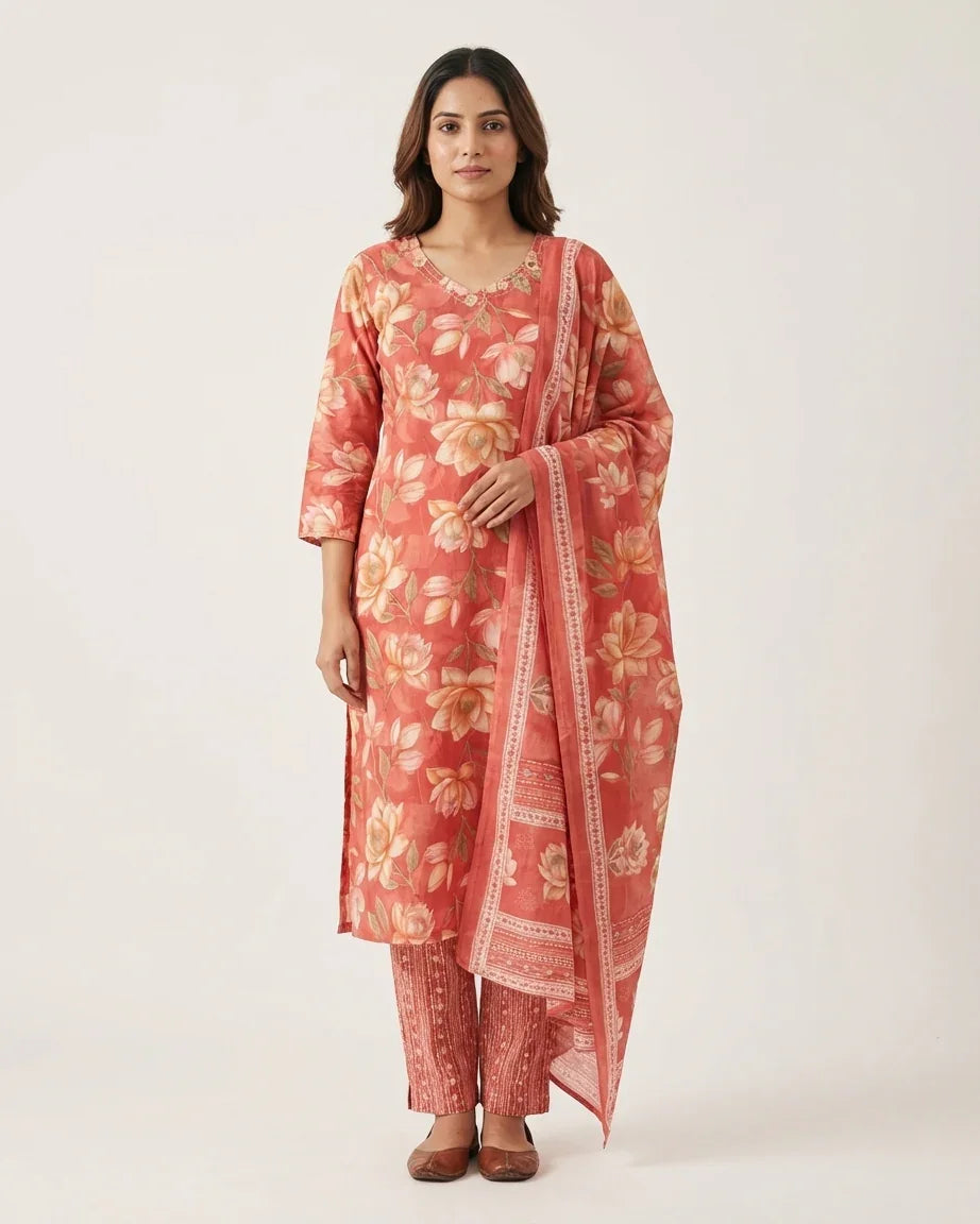 Pure Cotton Straight Suit Set — Dusty Rose | Watercolour Floral Print | Kurta Pants Dupatta