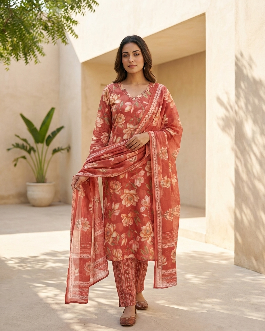 Pure Cotton Straight Suit Set — Dusty Rose | Watercolour Floral Print | Kurta Pants Dupatta