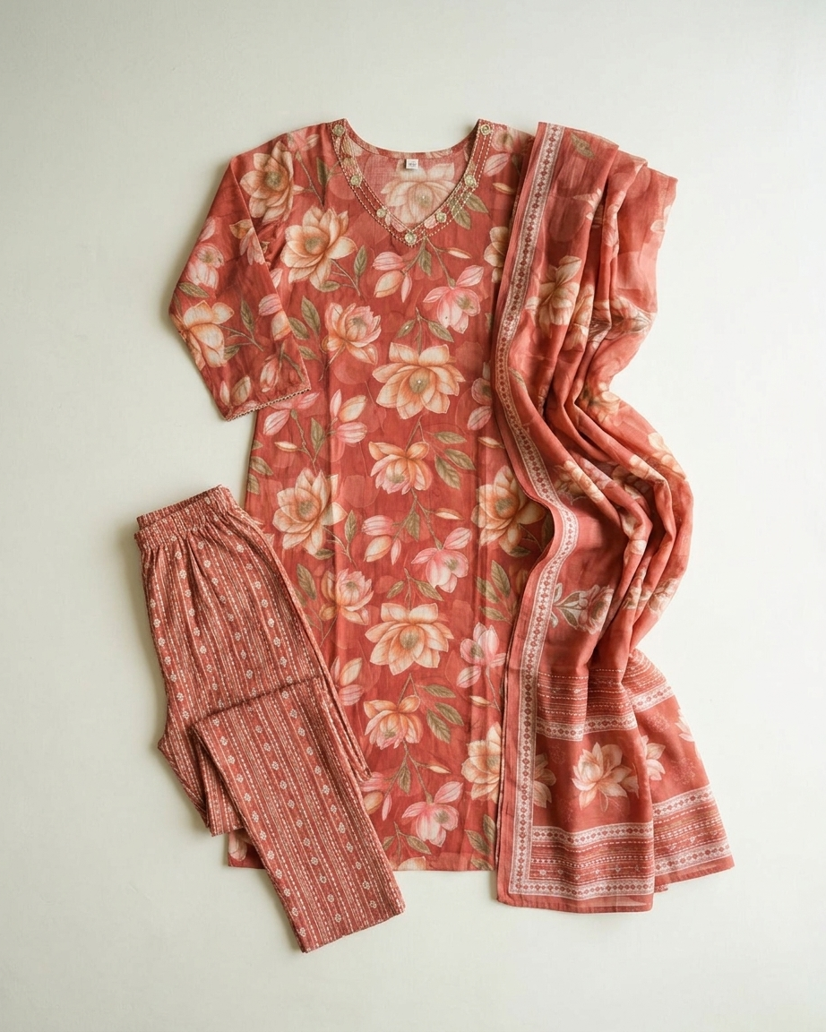 Pure Cotton Straight Suit Set — Dusty Rose | Watercolour Floral Print | Kurta Pants Dupatta