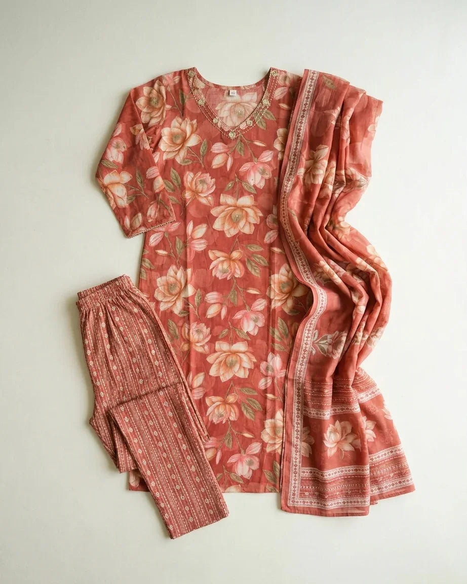 Pure Cotton Straight Suit Set — Dusty Rose | Watercolour Floral Print | Kurta Pants Dupatta