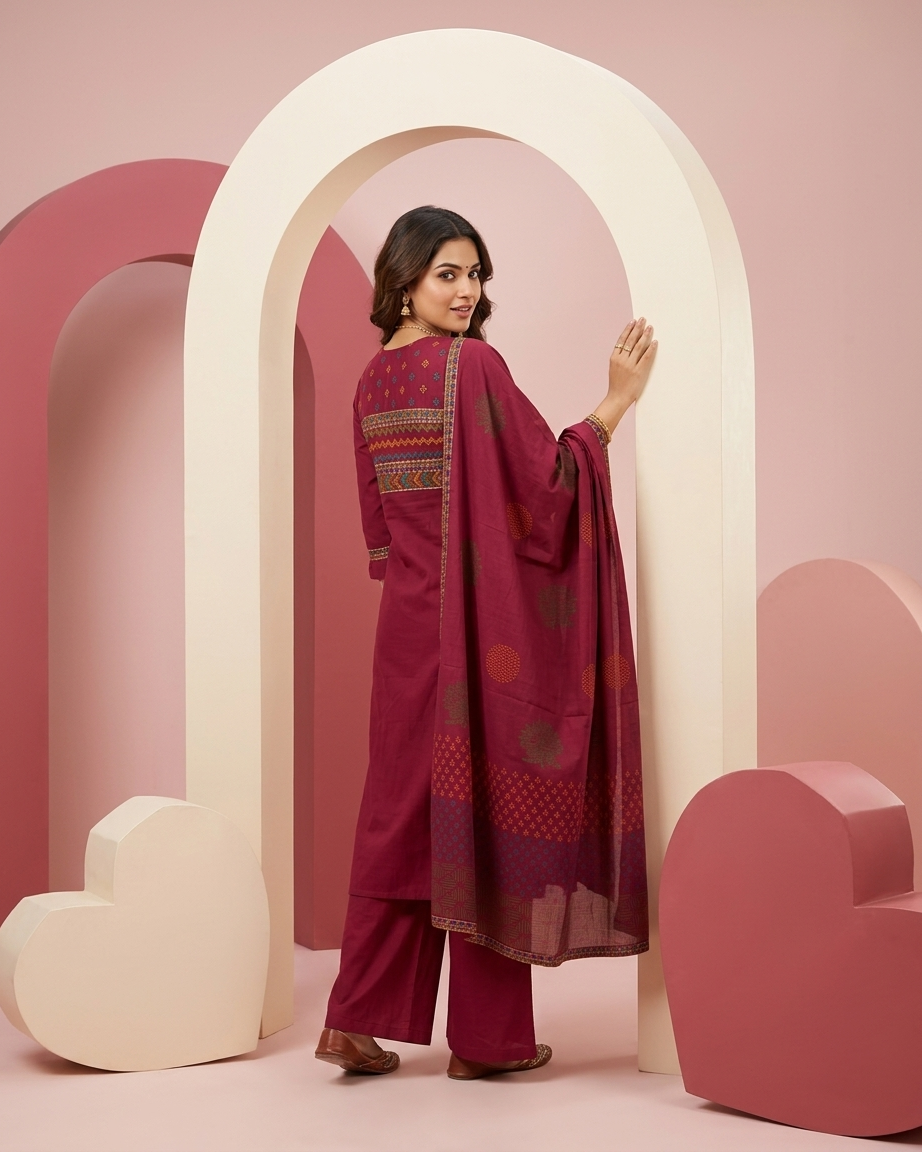 Magenta Cotton Geometric Embroidery Suit Set | Waist Band | M'Foks