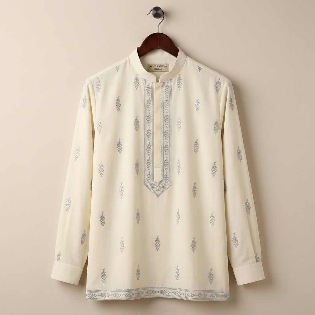 Pure Chanderi Silk Fabric for Kurta — Blue Embroidery