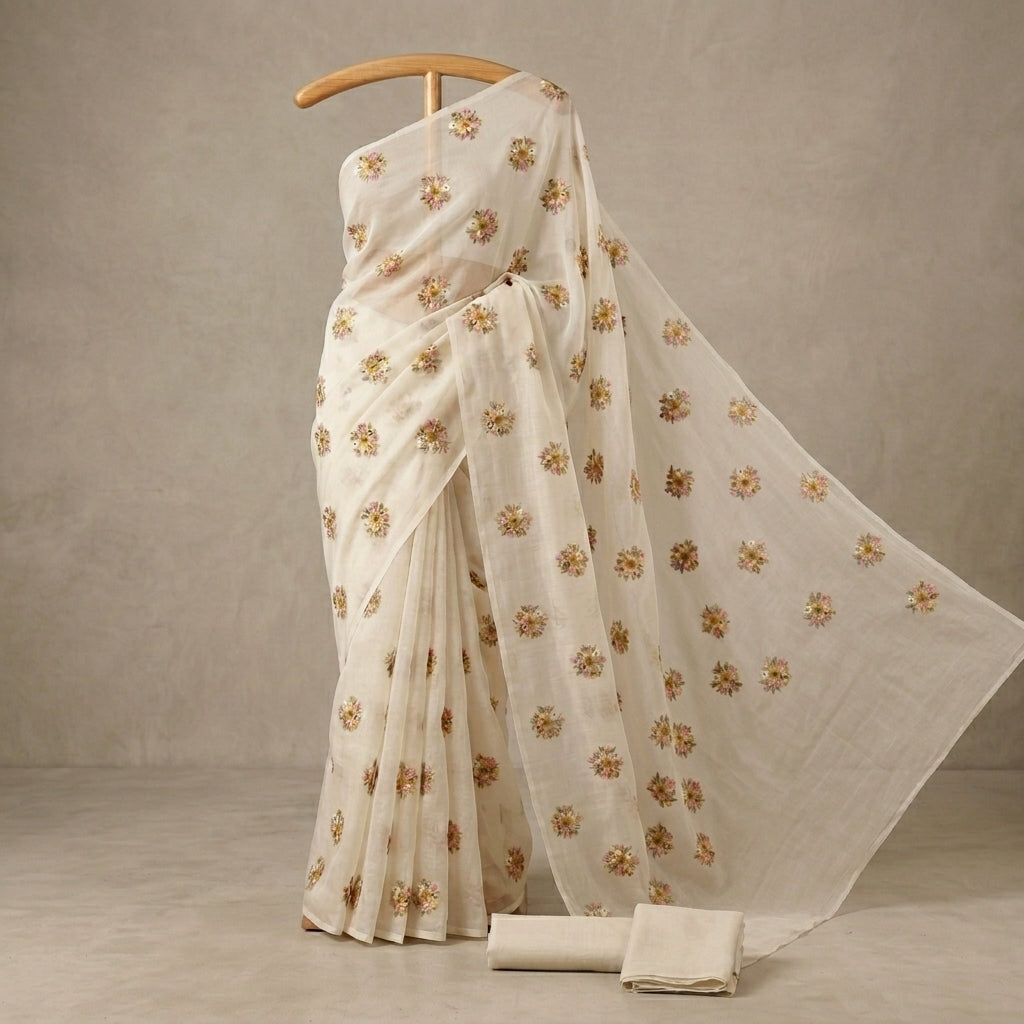 Mal Chanderi Fabric with Floral Bouquet Embroidery — Off-White | Multicolour | 44 Inch