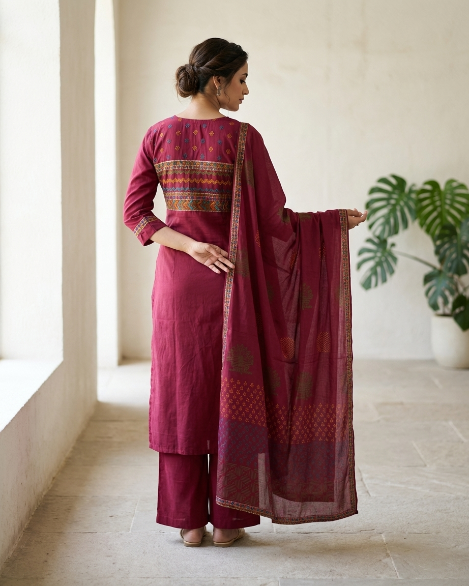 Magenta Cotton Geometric Embroidery Suit Set | Waist Band | M'Foks