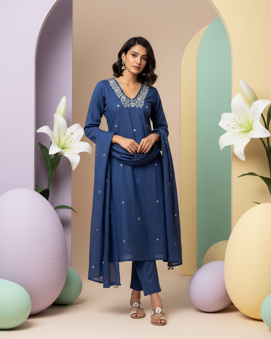 Indigo Cotton Embroidered Kurta Set | 3-Piece | M'Foks