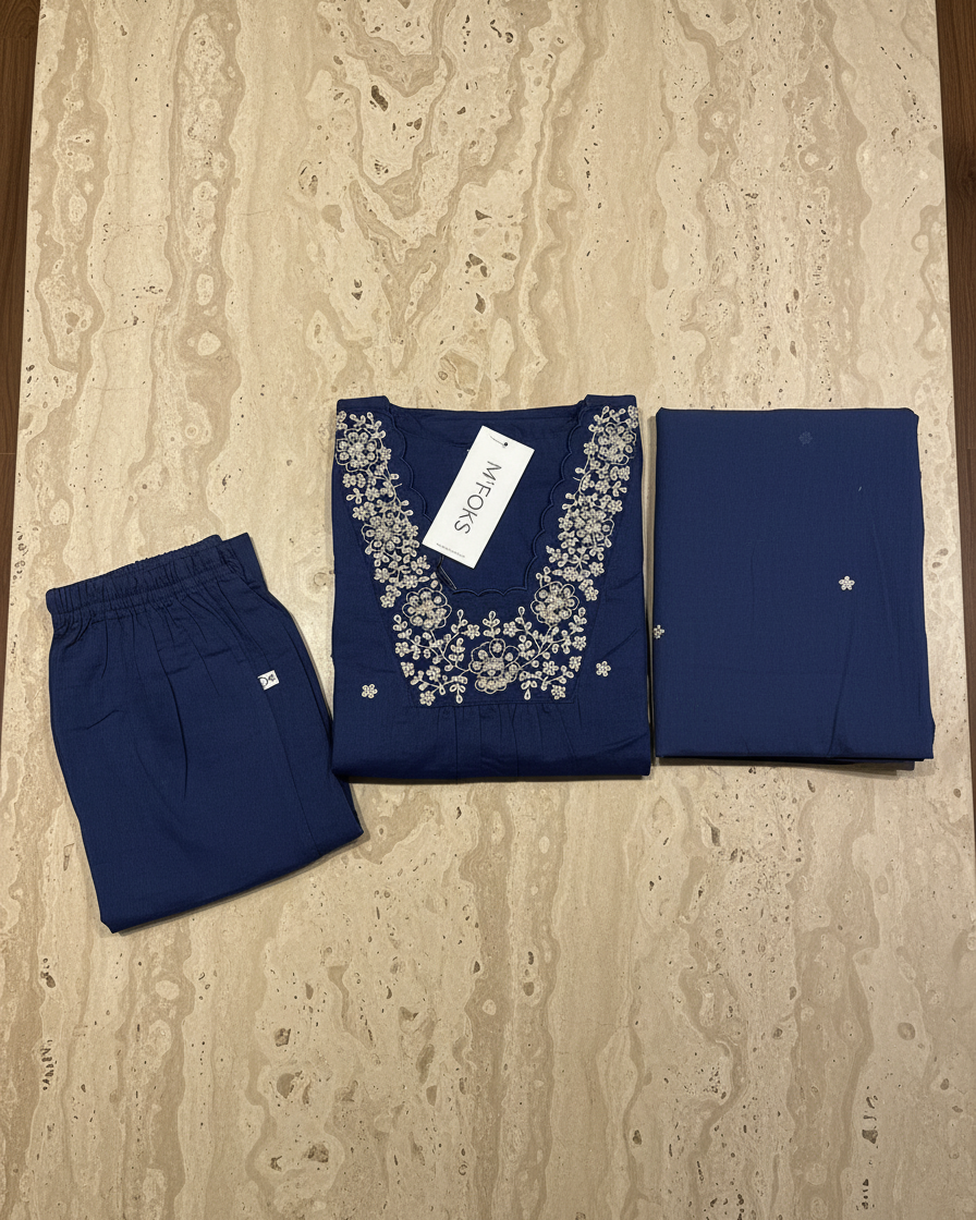 Indigo Cotton Embroidered Kurta Set | 3-Piece | M'Foks