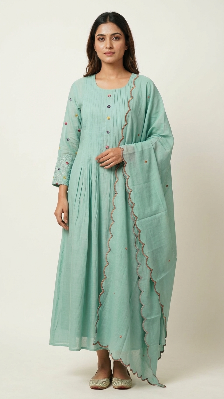Mint Mal Chanderi A-Line Suit Set | 3-Piece | M'Foks