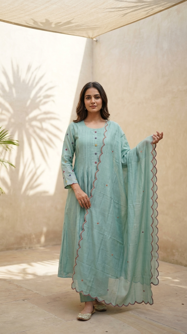 Mint Mal Chanderi A-Line Suit Set | 3-Piece | M'Foks