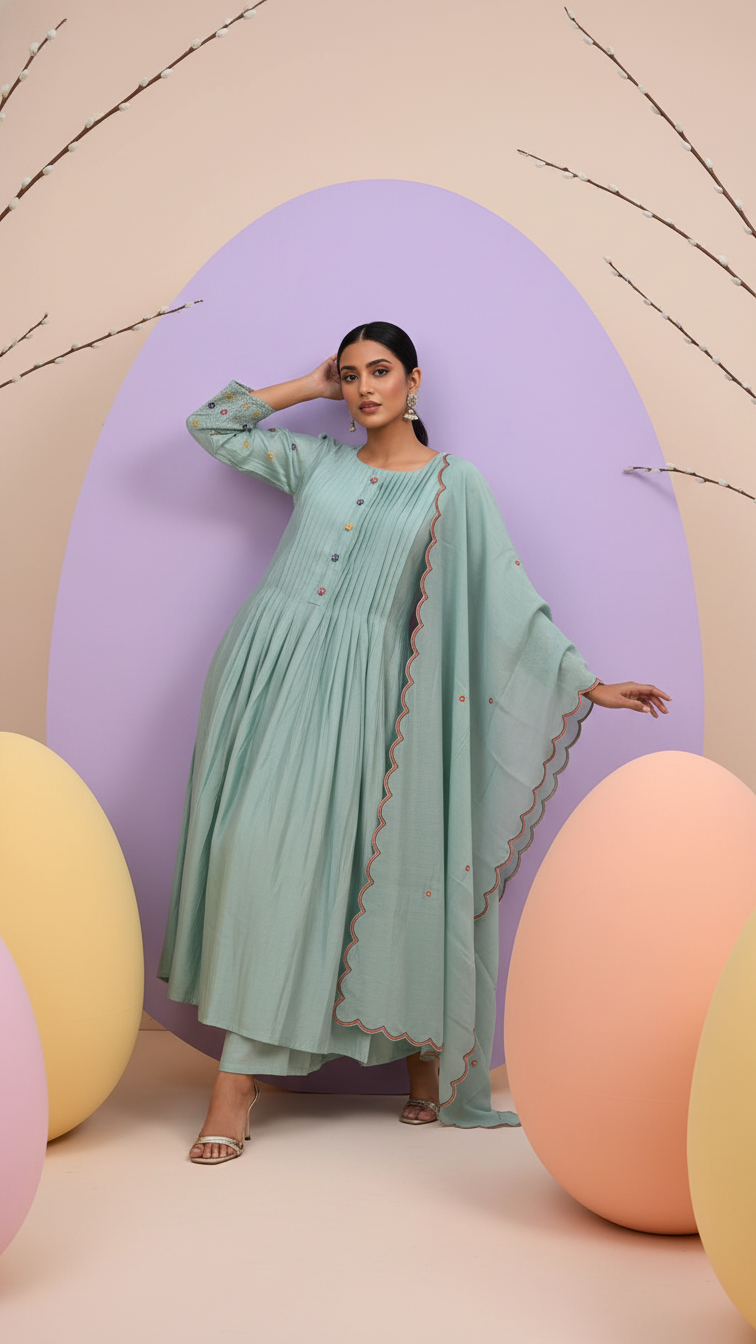 Mint Mal Chanderi A-Line Suit Set | 3-Piece | M'Foks