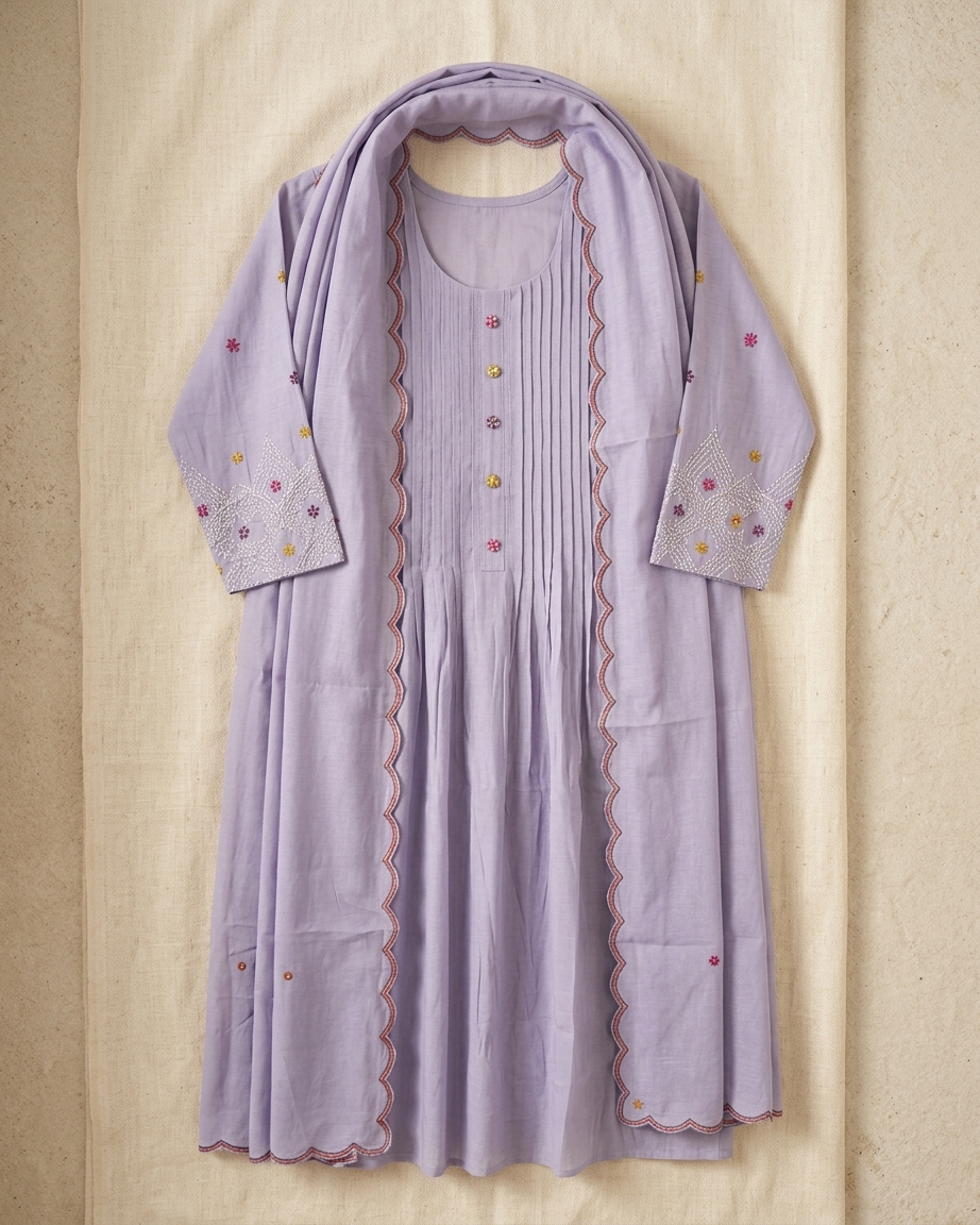 Lavender Mal Chanderi A-Line Suit Set | 3-Piece | With Pockets | M'Foks