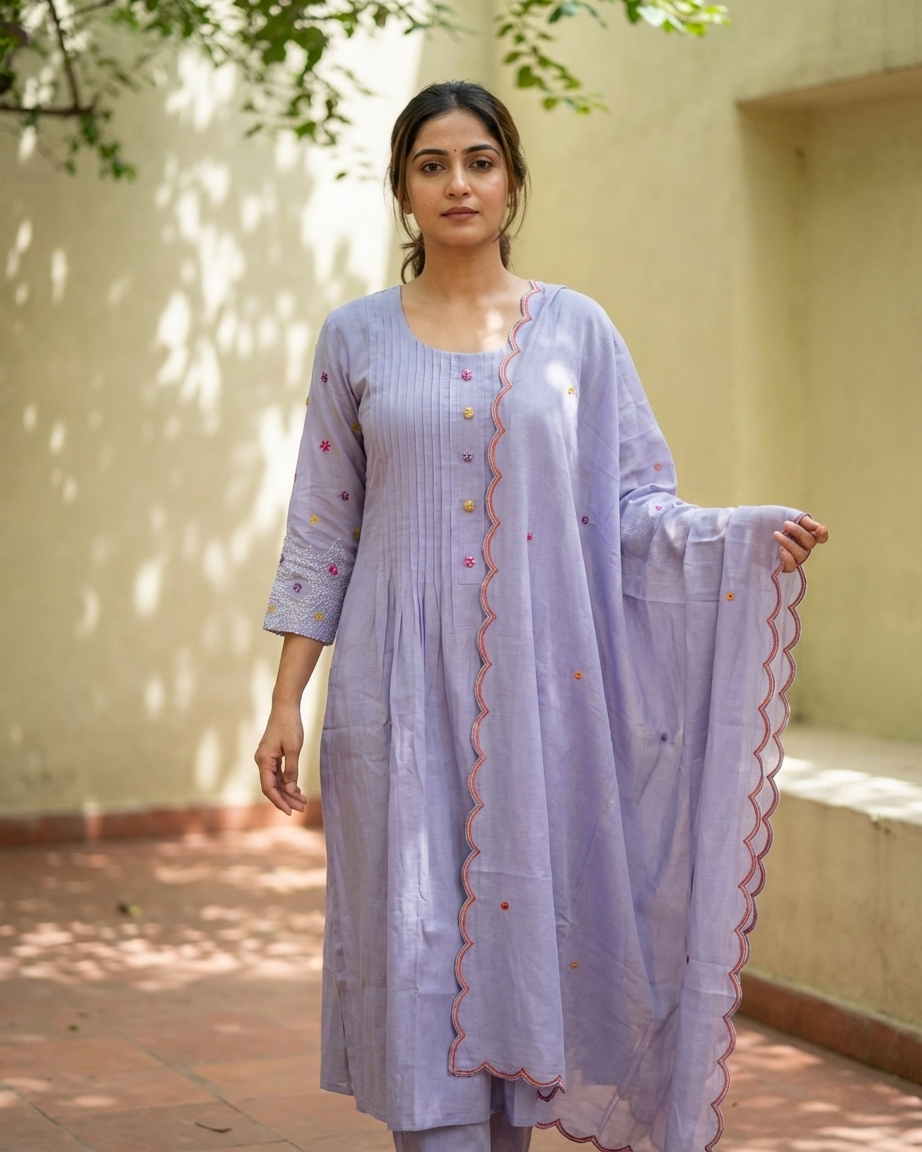 Lavender Mal Chanderi A-Line Suit Set | 3-Piece | With Pockets | M'Foks