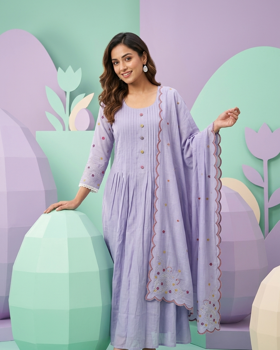 Lavender Mal Chanderi A-Line Suit Set | 3-Piece | With Pockets | M'Foks
