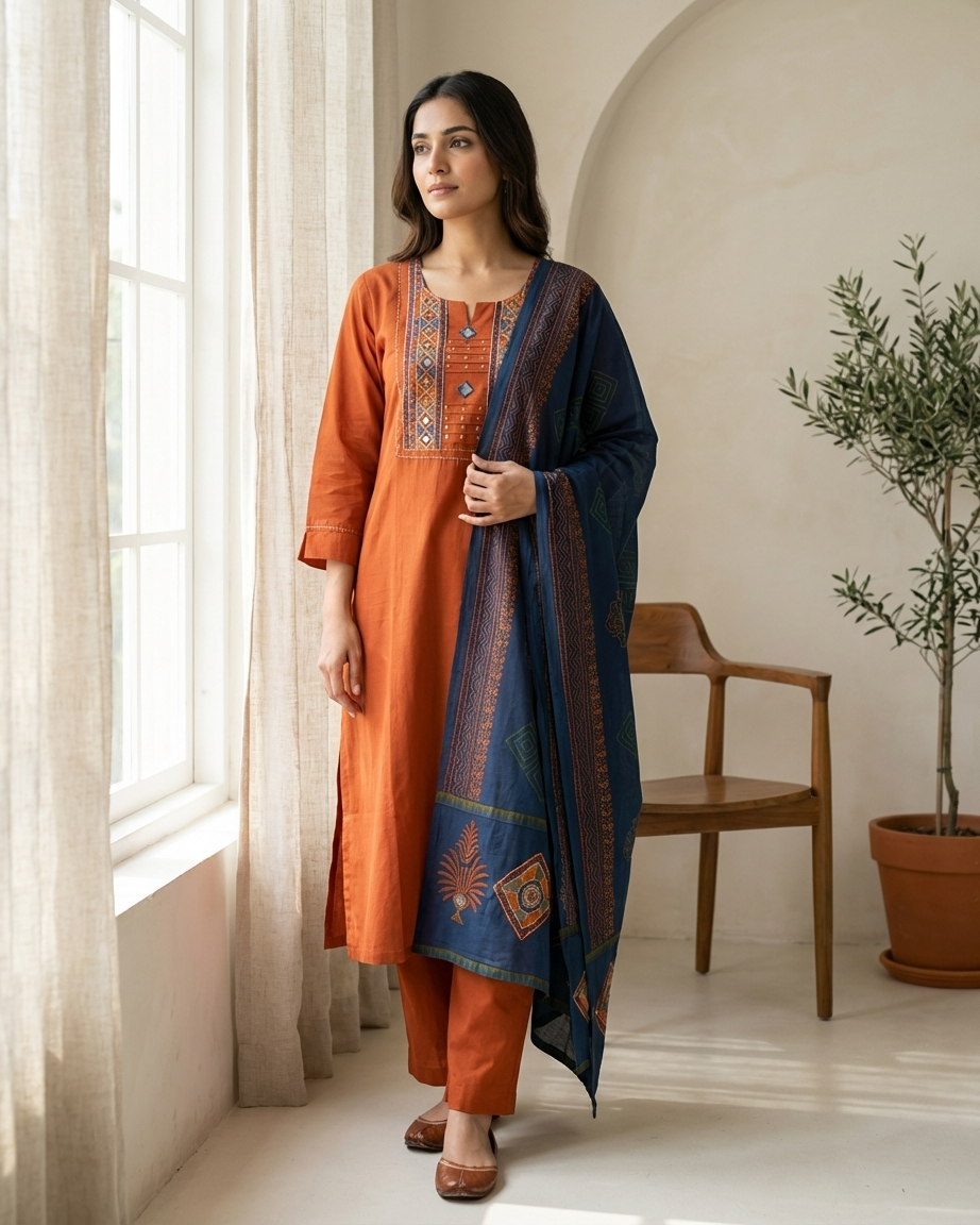 Woman in an orange and blue traditional outfit standing in a room with a window and plant.