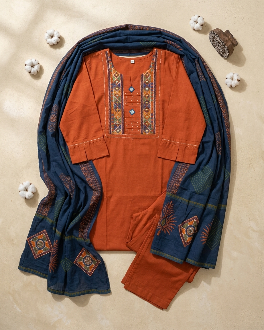 Traditional orange and blue embroidered outfit on a beige background