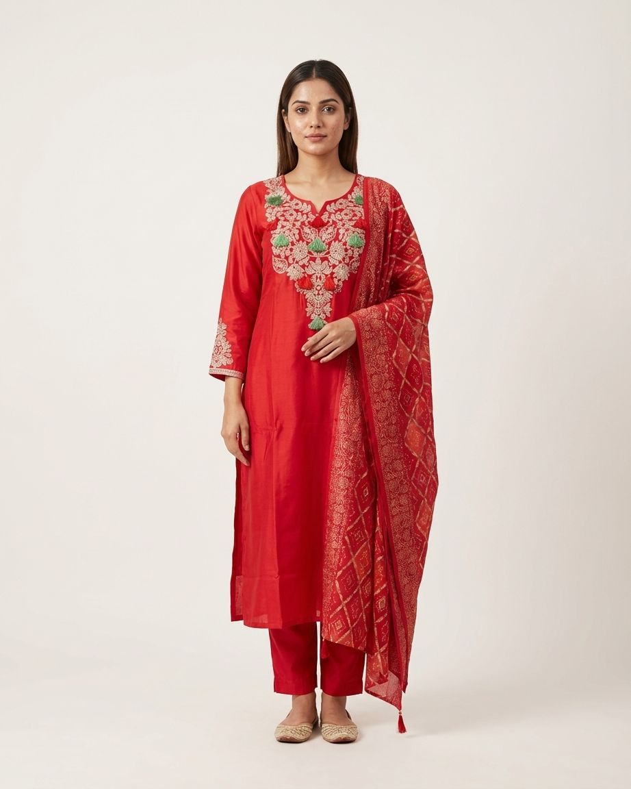 Red Muslin Silk Straight Suit Set | Floral Embroidery | Tassels | M'Foks