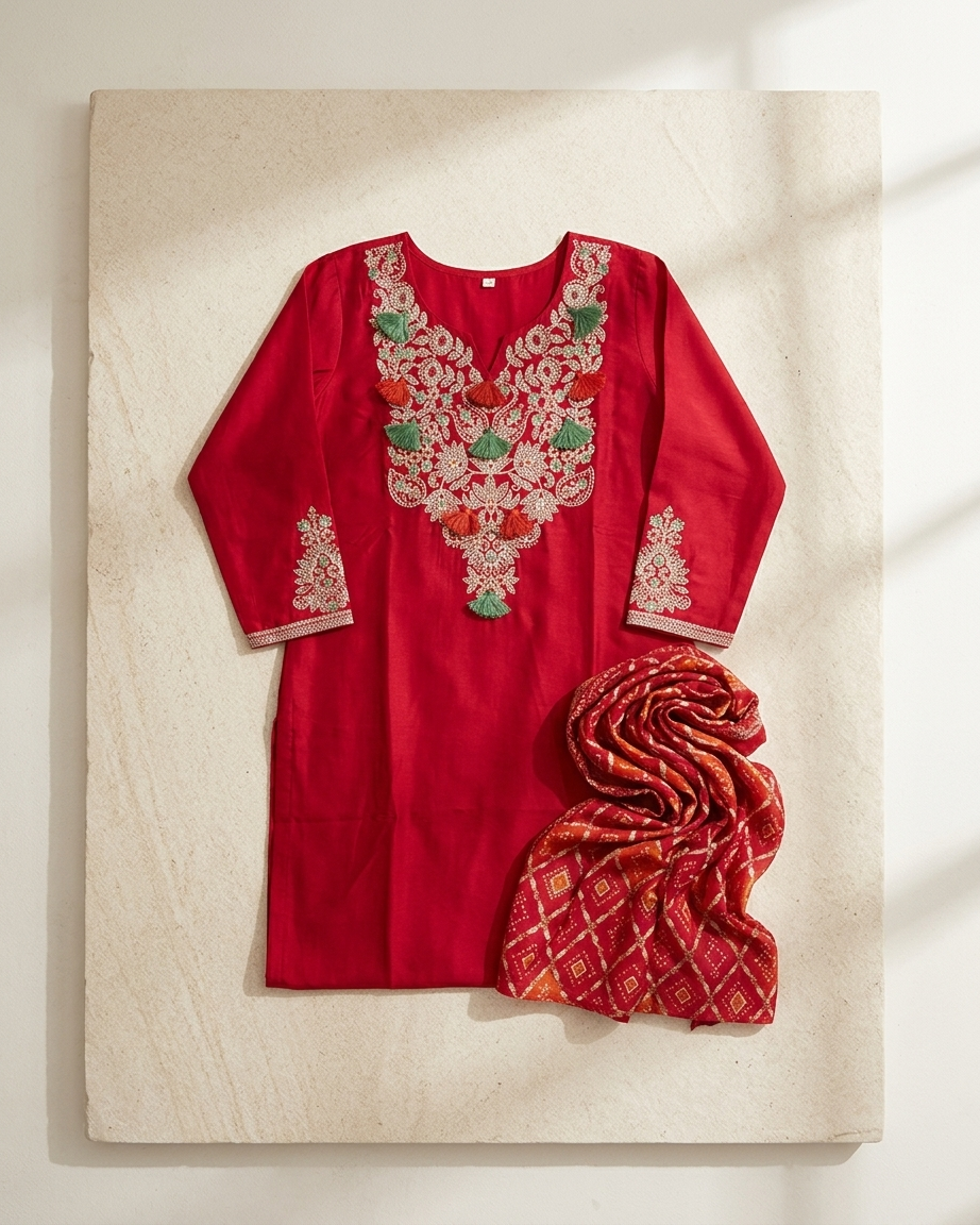 Red Muslin Silk Straight Suit Set | Floral Embroidery | Tassels | M'Foks