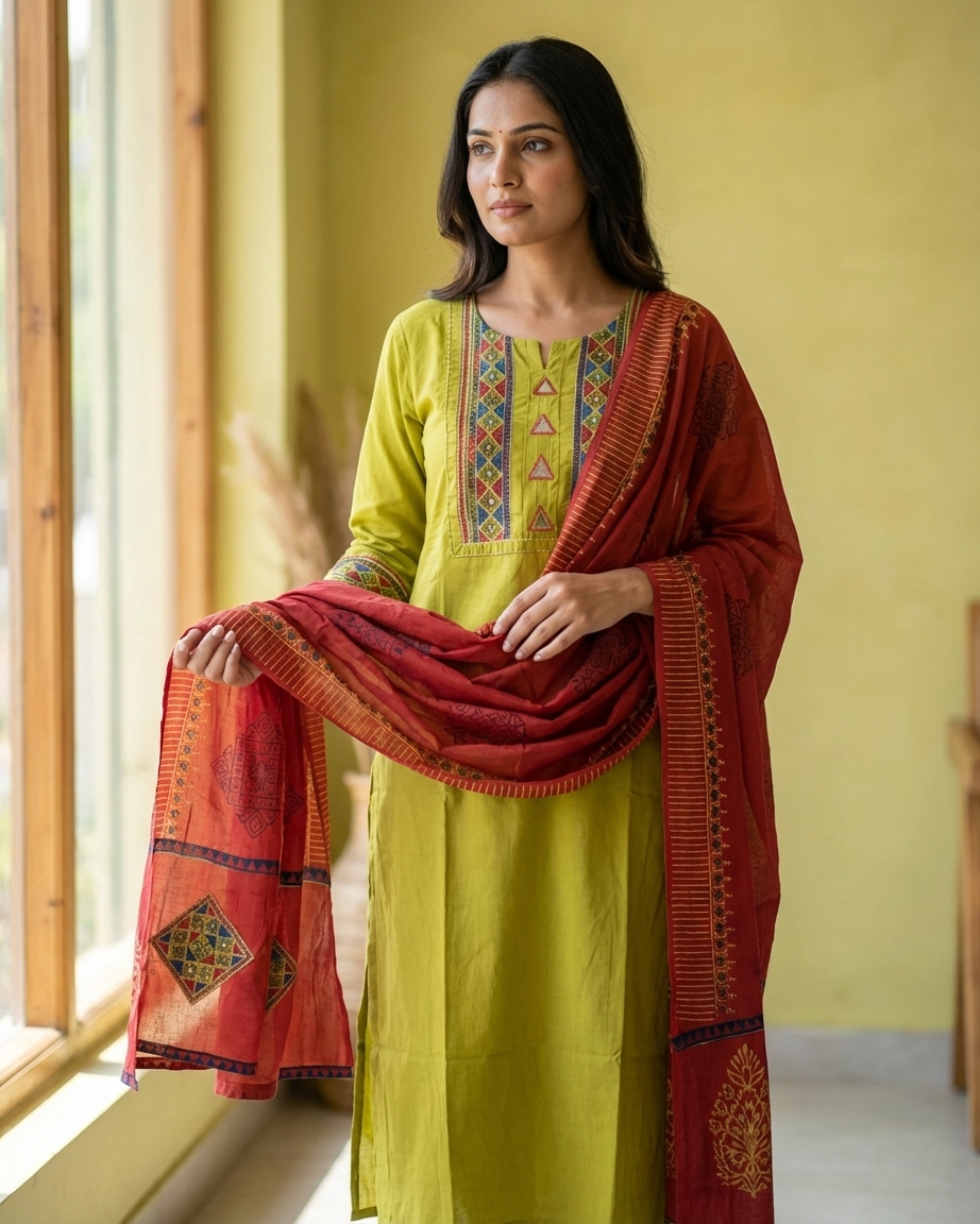 Chartreuse Cotton Suit Set | Terracotta Dupatta | M'Foks