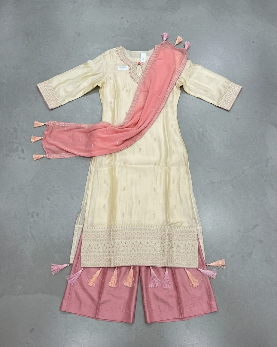 Ivory Tissue Kurta Set | Peach Pink Contrast Palazzo & Dupatta | Pakistanti Style | Zari Border | M'Foks