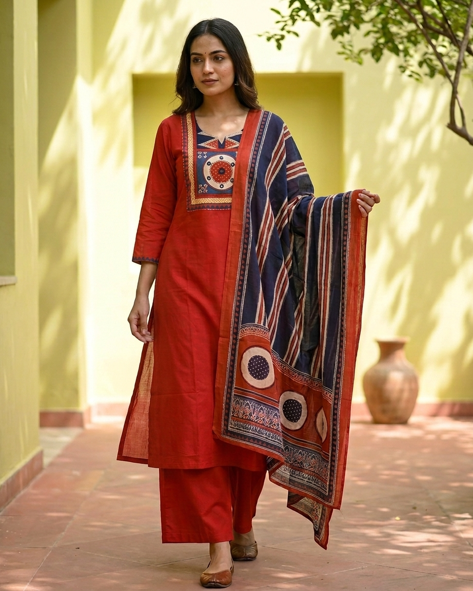 Brick Red A-Line Cotton Suit Set | Navy Mal Cotton Dupatta | Pocket Palazzo | M'Foks