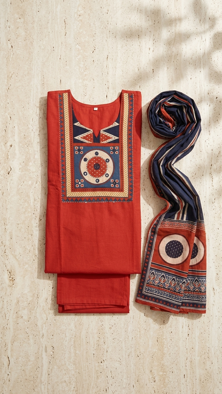 Brick Red A-Line Cotton Suit Set | Navy Mal Cotton Dupatta | Pocket Palazzo | M'Foks