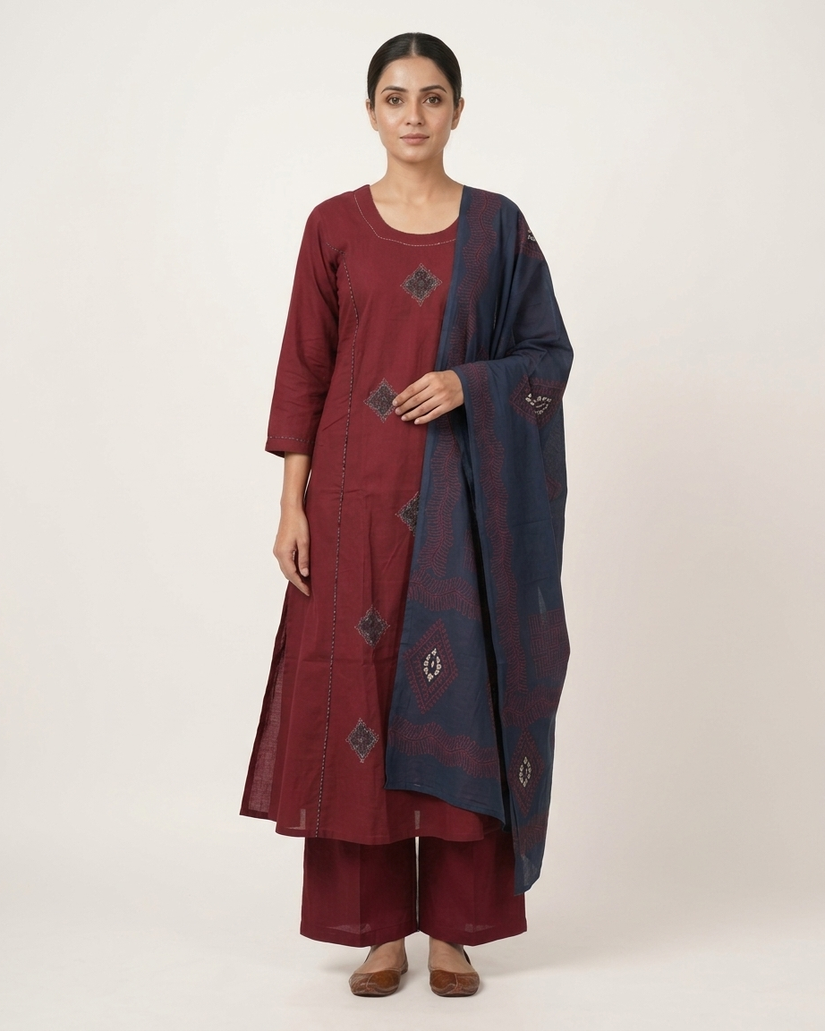 Maroon A-Line Side Cut Cotton Suit Set | Indigo Block Print Dupatta | M'Foks