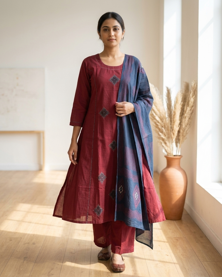 Maroon A-Line Side Cut Cotton Suit Set | Indigo Block Print Dupatta | M'Foks