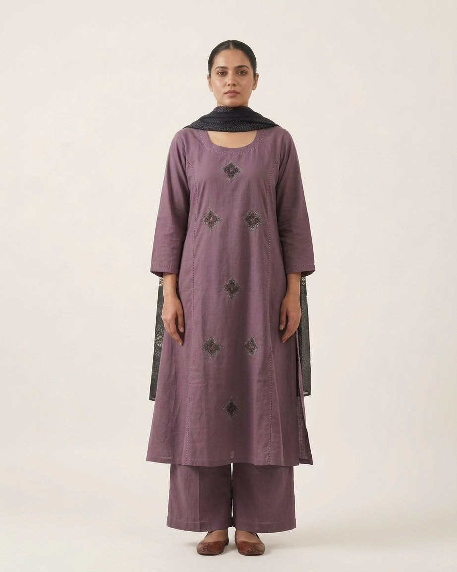 Dusty Mauve A-Line Cotton Suit Set | Black Block Print Dupatta | M'Foks