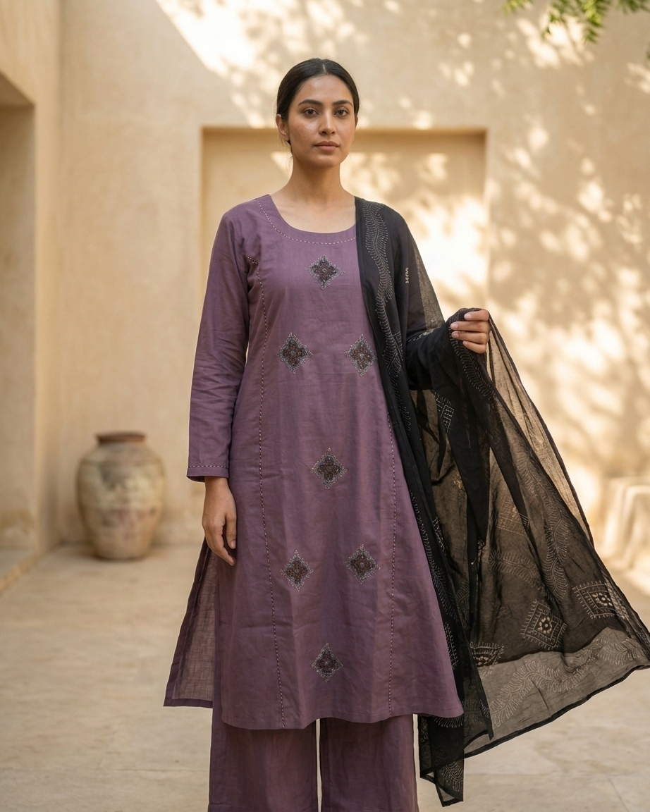 Dusty Mauve A-Line Cotton Suit Set | Black Block Print Dupatta | M'Foks