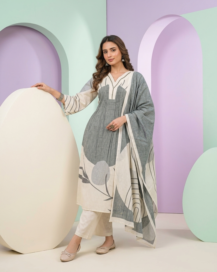 Grey Cream Linen Slub Cotton A-Line Suit Set | Colour Block | M'Foks